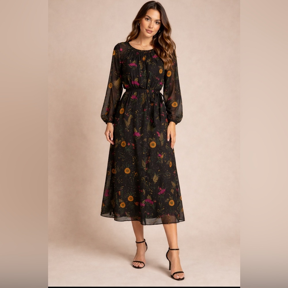 Uniqlo Black Vibrant Floral Sheer Long Sleeve MIDI Dress Size-Medium Cottagecore